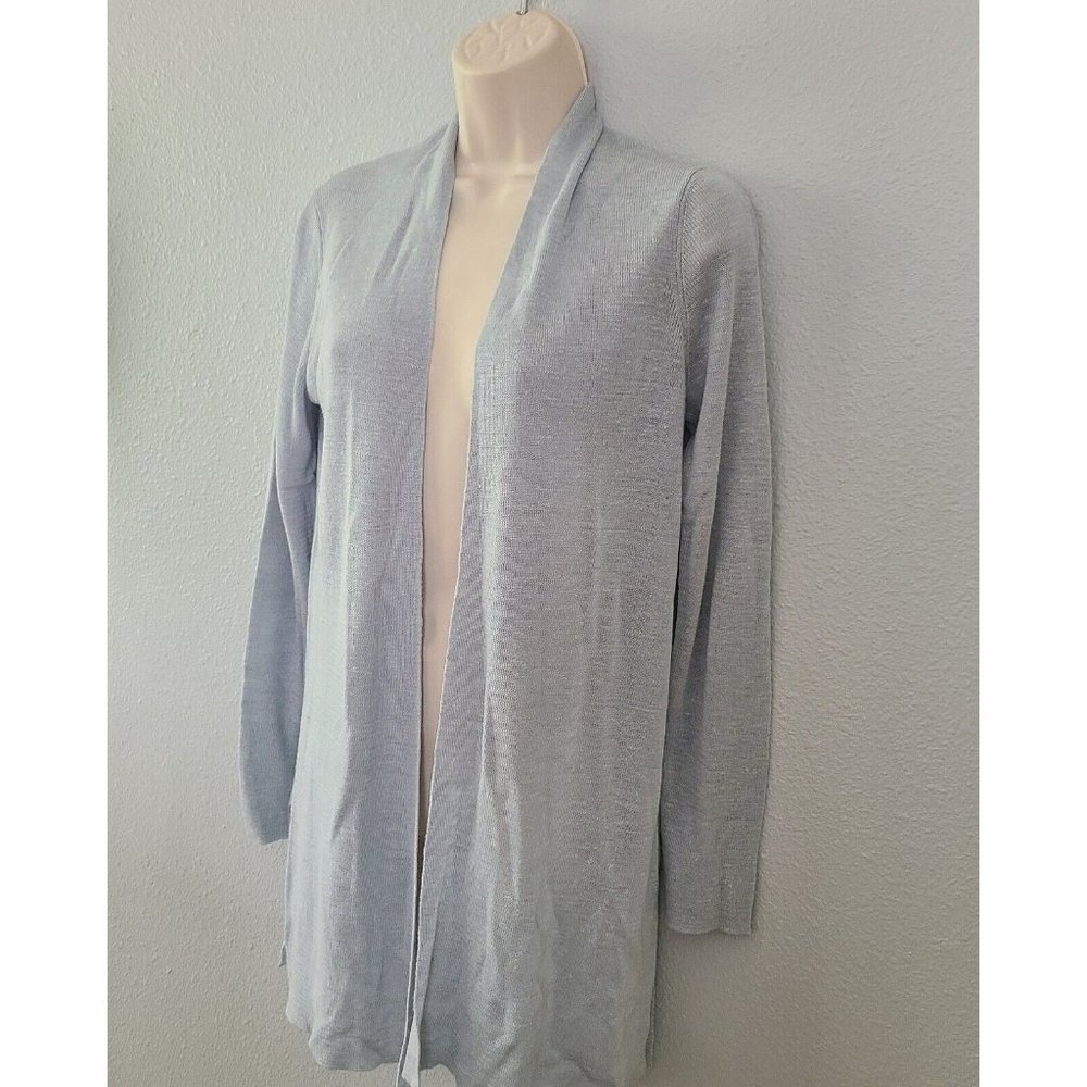 Eileen Fisher women Cardigan Straight Long Tencel Linen Rib grayish sz PM new - Picture 2 of 12